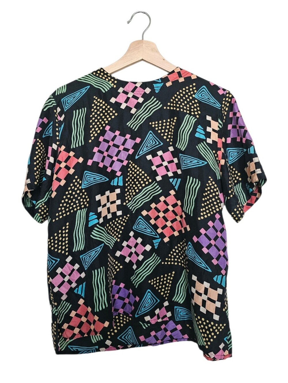 Vintage 100% Silk Graphic Vibrant Geometric Pattern Short Sleeve Shirt Medium